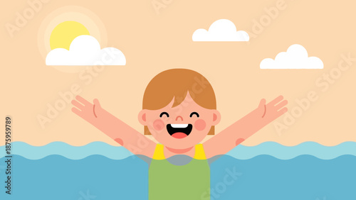 Happy cartoon girl swimming in the water with a big smile.