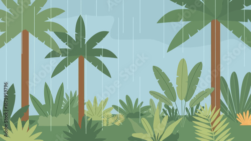 Tropical rainforest landscape with palm trees and lush greenery.