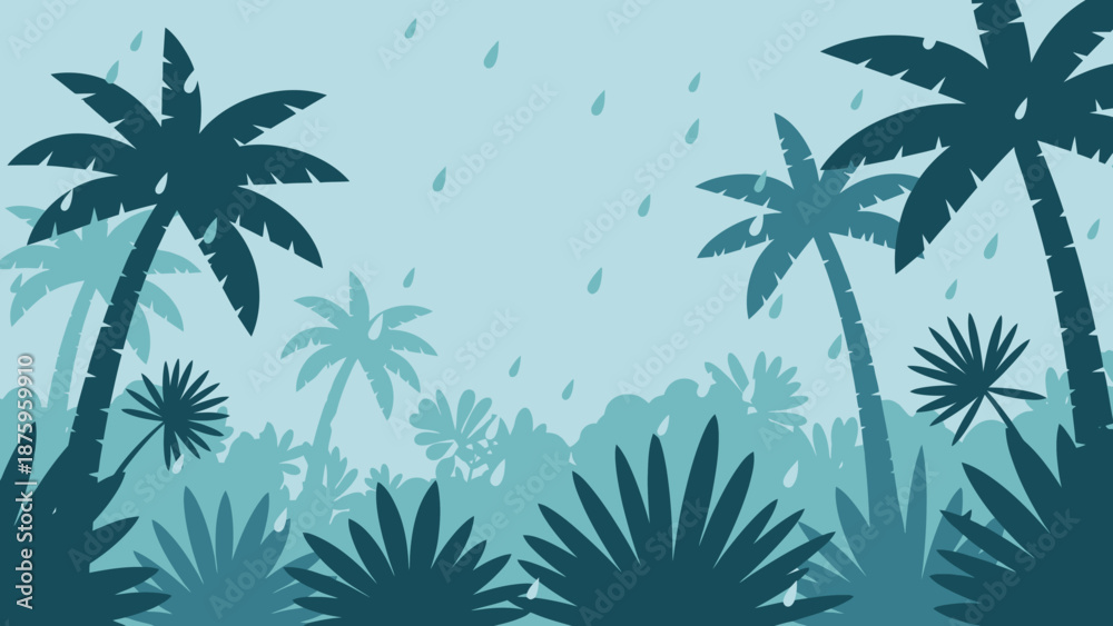 Obraz premium Tropical landscape with palm trees and rain.