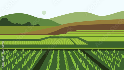Serene landscape with rolling hills and agricultural fields.