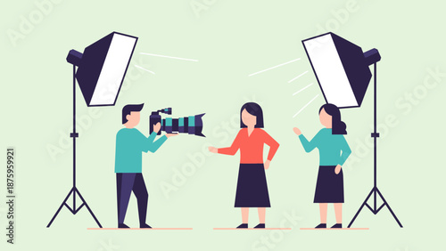 Video production team filming a scene with professional lighting.