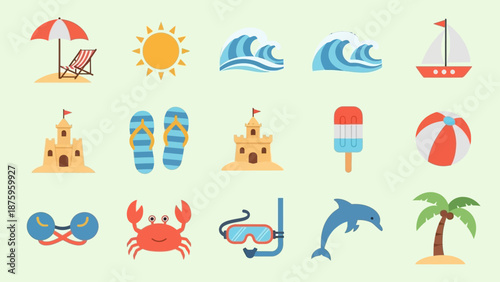 Collection of Summer Beach Vacation Icons.