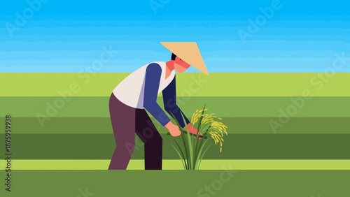 Farmer working in a field with flowers on a sunny day.