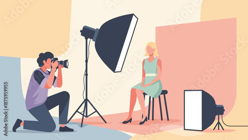 Professional photographer taking a picture of a woman in a studio setting with lighting equipment.
