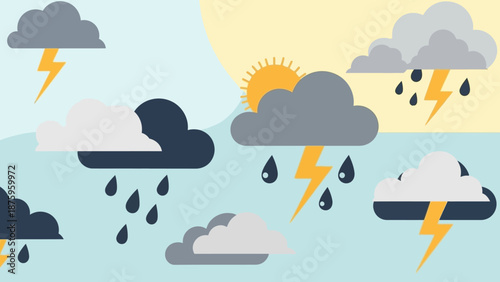Weather forecast illustration with various cloud and storm elements.