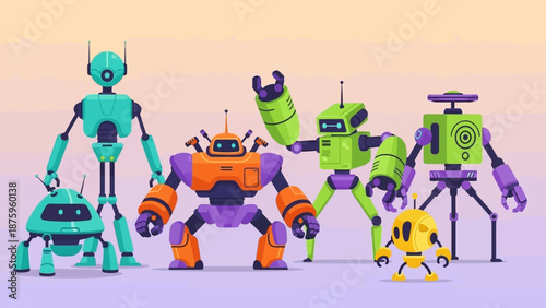 Colorful robotic characters in various shapes and sizes.