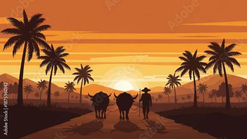 Farmer leading cattle down a rural road at sunset with palm trees.