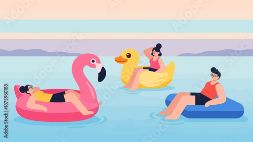 Three women relaxing on inflatable floats in a serene lake.