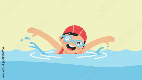 Cartoon illustration of a smiling swimmer in a red cap and goggles.