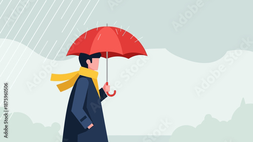 Man walking in the rain with red umbrella and yellow scarf.