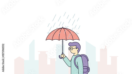 Young man with purple hair holding red umbrella in rainy city.