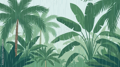 Tropical Rainforest with Palm Trees and Rain.