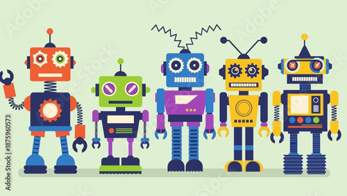 Colorful cartoon robots standing together in a row.