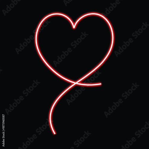A glowing red heart outline with a graceful swirling tail on a stark black background