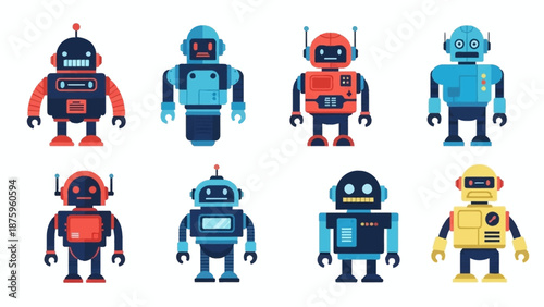 Collection of colorful robot icons in various designs and colors.