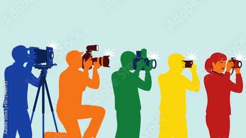 Diverse Group of People Engaged in Photography with Different Colored Silhouettes.