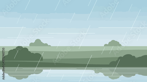 Rainy landscape with trees and water reflection.