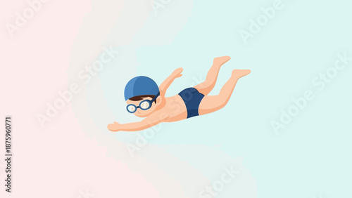 Young girl swimming underwater with goggles and swim cap.