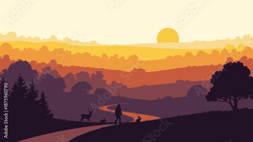 Serene landscape with person walking dog at sunset in countryside.