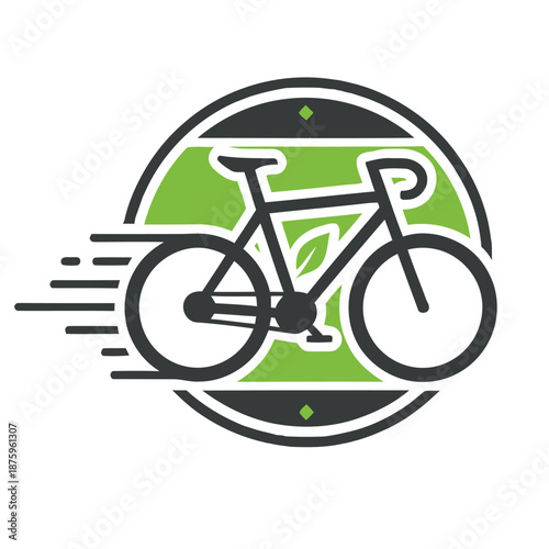 Bike logo template with bicycle silhouette green leaf and motion speed lines in a circular frame for eco-friendly transport cycling club delivery service and healthy lifestyle branding