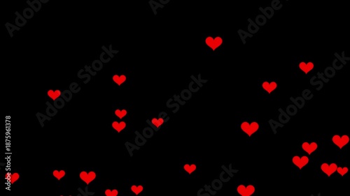 Valentines day hearts icon falling animation on black screen background. Social media love emoji particles moving. Romantic red heart flying 4k video.