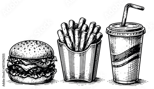 Hand drawn line art fast food set featuring a hamburger, french fries, and a soda drink for restaurant menus or advertising
