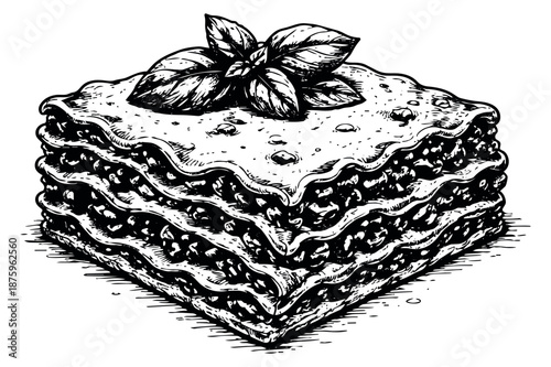 Hand drawn illustration of lasagna depicting layered pasta with basil for food and restaurant concepts