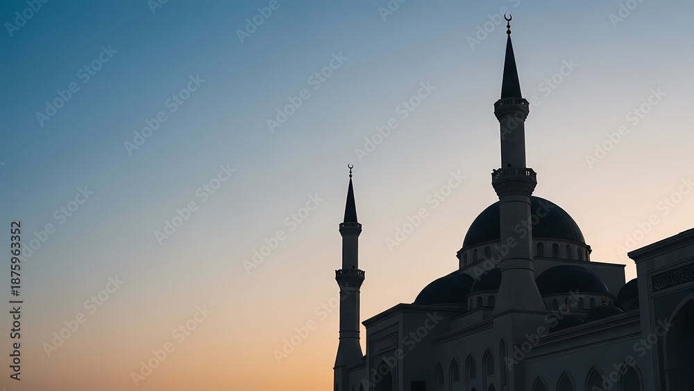 Fototapeta premium Serene Mosque Silhouette during Ramadan Twilight with Majestic Dome and Minaret