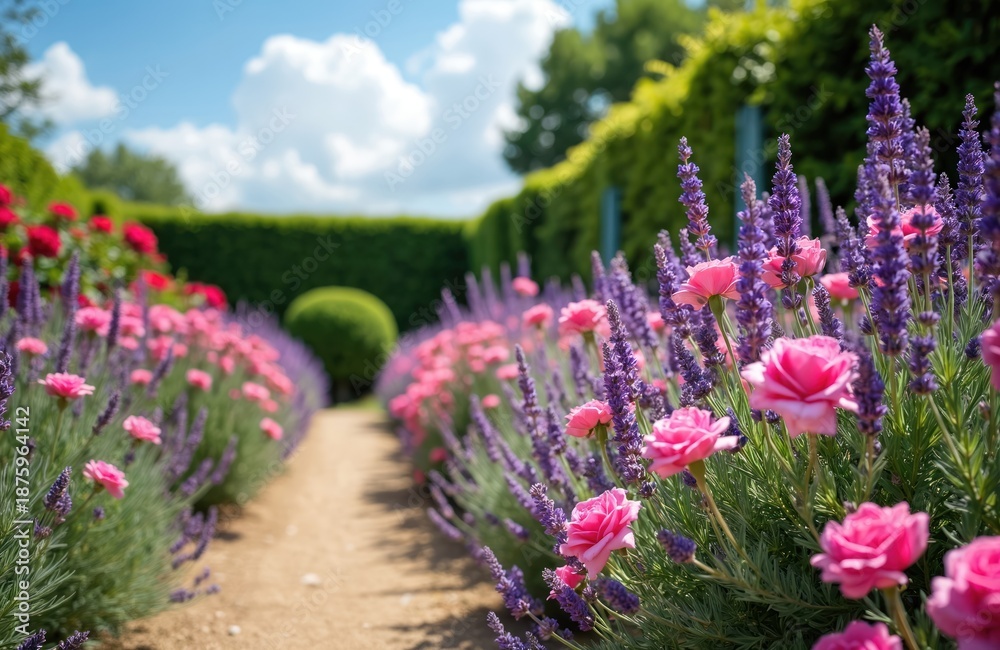 Obraz premium Pathway bordered by blooming lavender and pink roses on a sunny day. Green manicured hedges line the garden path. Blue sky with white clouds above.