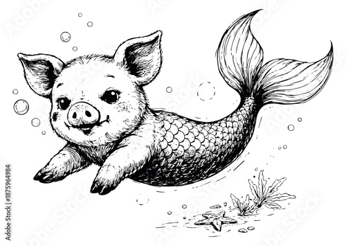 Hand drawn line art illustration of a cute merpig depicting swimming gracefully for children's stories
