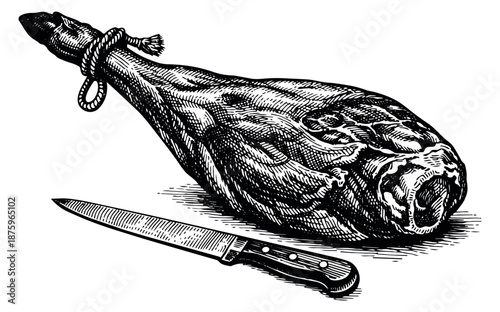 Hand drawn line art illustration of a leg of jamon and a knife depicting cured pork meat for food and gastronomy concepts