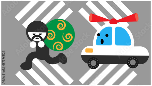 横断歩道で泥棒を追いかけるパトカーの防犯イラスト