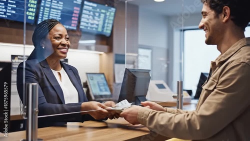 Bank Teller Serving Customer with Money Transaction