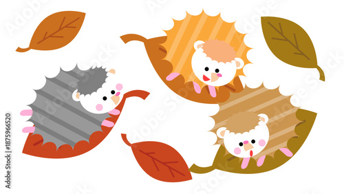 落ち葉に乗って遊ぶハリネズミのかわいい秋イラスト
