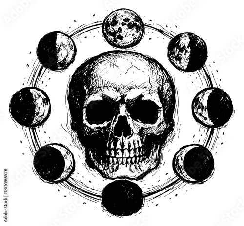 Hand drawn line art illustration of a human skull depicting moon phases in a cycle for mystical themes