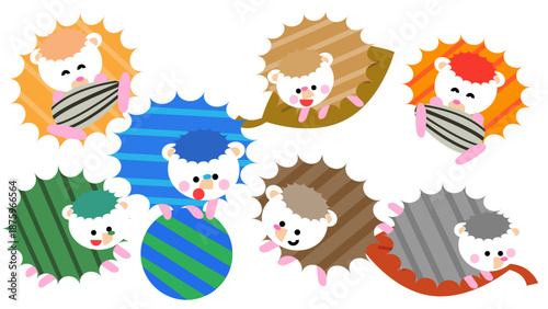 いろいろな色と模様で遊ぶハリネズミのかわいいイラストセット