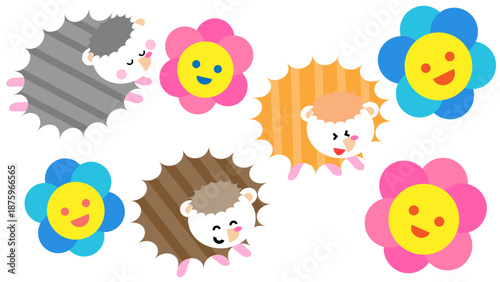 花と一緒に並んだハリネズミのかわいいイラストセット