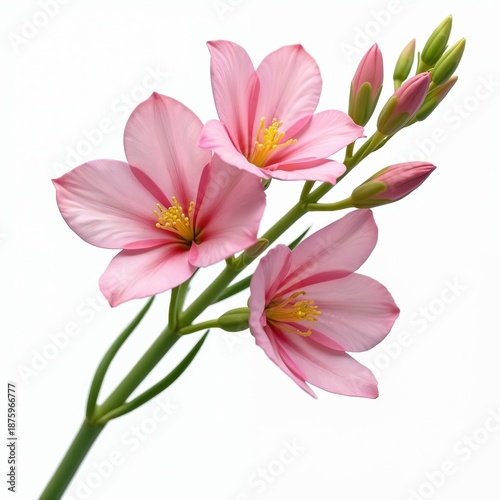 Pink freesia flowers with green stems and buds bloom against a clean white backdrop. Delicate petals show intricate detail and vibrant color contrast. Botanical elegance is presented.