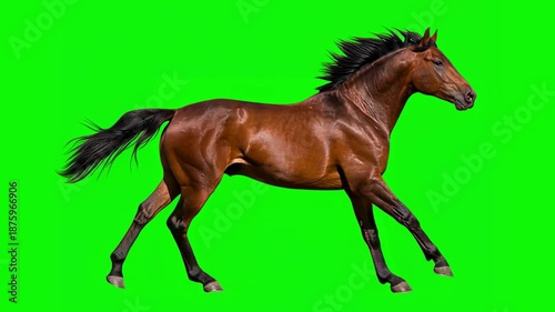 A brown morgan horse galloping isolated on a green screen, slow motion in a looping animation