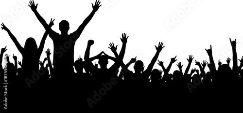 Silhouette cheering crowd raising hands celebrating unity excitement festival energy public event participation collective joy concept illustration vector design background