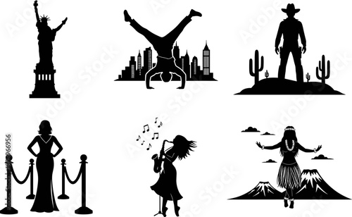Silhouette collage of American cultural icons including Statue of Liberty, cowboy, hula dancer, jazz musician, Hollywood glamour, and urban street performance in vector art