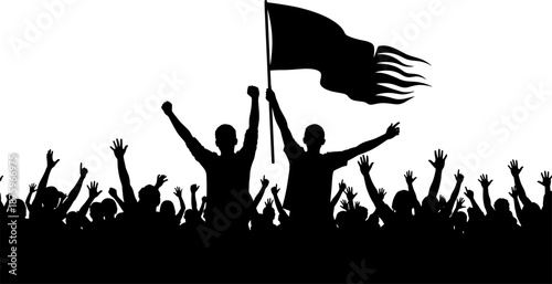 Silhouette crowd with raised hands and waving flag symbolizing protest, unity, celebration, activism, public demonstration, and group solidarity in vector illustration style