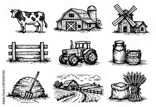 Hand drawn farm and agriculture set featuring a cow, barn, tractor, windmill, hay bale and wheat for farming and rural life