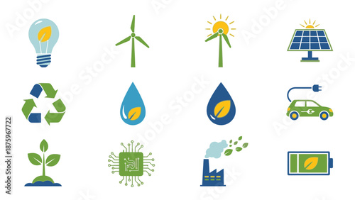 Sustainable energy icons representing eco-friendly practices and renewable sources