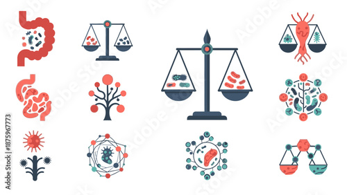 A collection of icons representing balance and health in a minimalist style on a white background