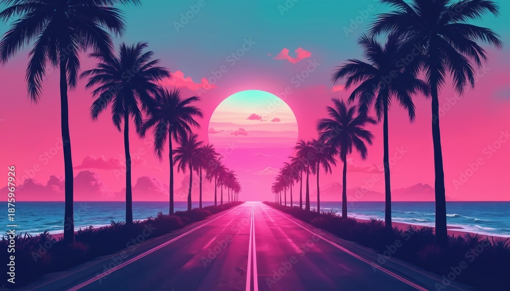 Obraz premium Tropical beach road leads to glowing sunset between palm trees. Ocean waves lap shore under vibrant pink and teal sky. Nostalgic 80s synthwave vibe, dreamlike atmosphere.