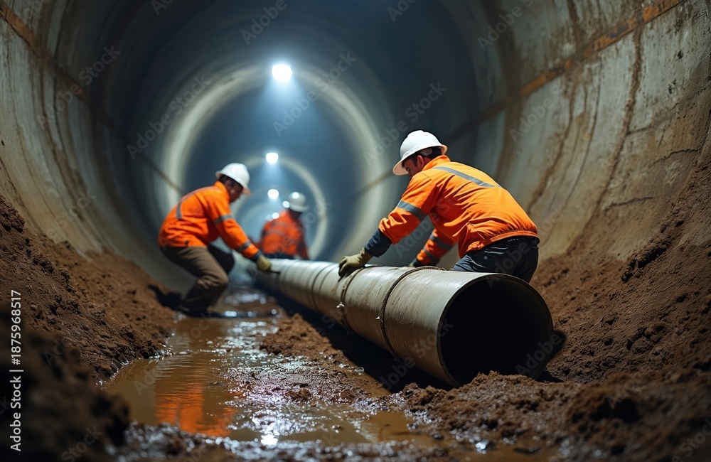 Fototapeta premium Construction workers install large pipe in underground tunnel. Men in hard hats and orange vests secure joint. They work on sewer system project in dirt and mud.