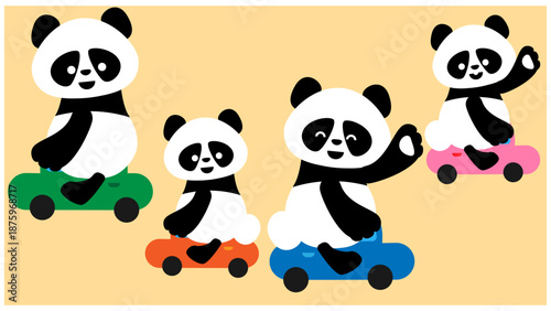 いろいろな色の自動車に乗るパンダのかわいいイラスト