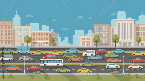 Busy city street with a car filled highway and urban buildings