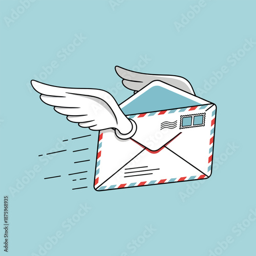 Flying white envelope with wings attached.